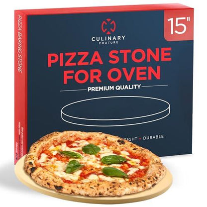 Culinary Couture 15" Round Pizza Stone for Oven and Grill - Cordierite Pizza Stone for Bread, Calzone, Cookies - Oven and Grill Pizza Stone for Outdoor Grill, Stone Pizza Pan for Oven - CookCave