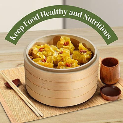 Flexzion Bamboo Steamer Basket Set (10 inch), 50 x Steamer Liners and 2 Pairs of Chopsticks, Steam Baskets for DimSum Dumplings, Rice, Vegetables, Fish and Meat - CookCave