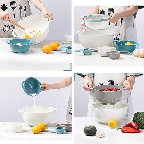 Mixing Bowls for Kitchen, 13 Piece Plastic Mixing Bowls Set Includes 2 Mixing Bowls, 1 Colander, 1 Sifter, 4 Measuring Cups, 5 Kitchen Gadgets for Baking Prepping Cooking and Serving, BPA Free - CookCave