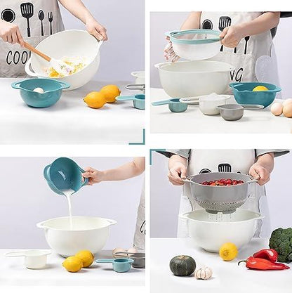 Mixing Bowls for Kitchen, 13 Piece Plastic Mixing Bowls Set Includes 2 Mixing Bowls, 1 Colander, 1 Sifter, 4 Measuring Cups, 5 Kitchen Gadgets for Baking Prepping Cooking and Serving, BPA Free - CookCave
