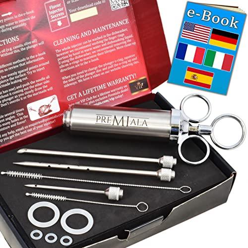 Premiala Awesome 304-Stainless Steel Meat Injector Syringe Kit - 3 Needles, Spare O-rings, E-book and Spares Available! The Original 2oz Marinade Injector Creates The Juiciest Turkey and BBQ Ever! - CookCave