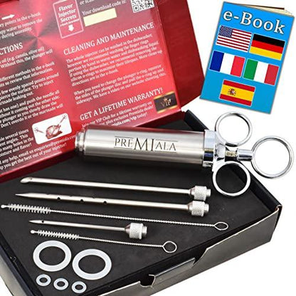 Premiala Awesome 304-Stainless Steel Meat Injector Syringe Kit - 3 Needles, Spare O-rings, E-book and Spares Available! The Original 2oz Marinade Injector Creates The Juiciest Turkey and BBQ Ever! - CookCave