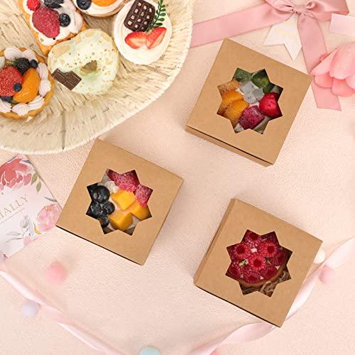 Moretoes 50pcs 4x4x2.5 Inches Brown Bakery Boxes with Window Cookie Boxes Kraft Paper Treat Boxes for Pastries, Small Cakes Box - CookCave