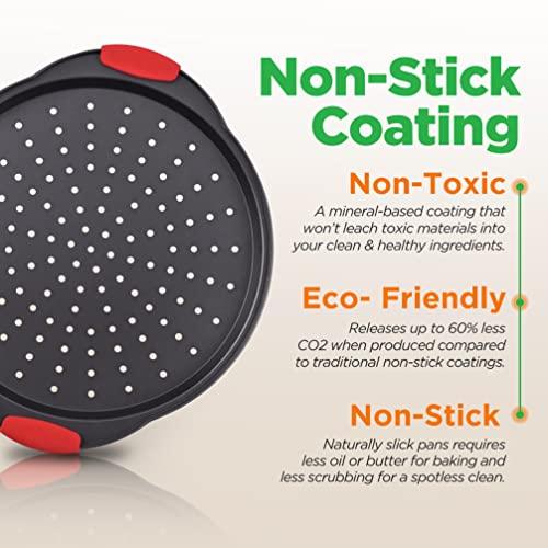 NutriChef Non-Stick Pizza Tray - with Silicone Handle, Round Steel Non-stick Pan with Perforated Holes, Premium Bakeware, Pizza Tray with Silicone and Oversized Handle, Dishwasher Safe - NCBPIZ3 - CookCave