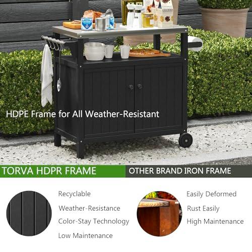 TORVA Portable Outdoor Grill Prep Table with Storage, Waterproof Outdoor Grill Cabinet, Stainless Steel Tabletop Outdoor Kitchen Island, BBQ Cart with Wheels, Hooks and Side Shelf (Black) - CookCave