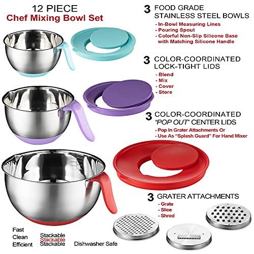 Stainless Steel Mixing Bowls with Lids - Long Handles, Pour Spout, Non Slip Colorful Silicone Bottom, 3 Graters, & Measurement Marks, Ideal for Cooking, Baking & Serving, Food & Salad Prep. (Set of 3) - CookCave