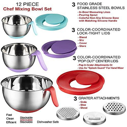 Stainless Steel Mixing Bowls with Lids - Long Handles, Pour Spout, Non Slip Colorful Silicone Bottom, 3 Graters, & Measurement Marks, Ideal for Cooking, Baking & Serving, Food & Salad Prep. (Set of 3) - CookCave