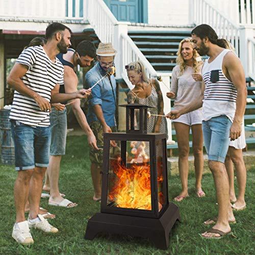 Large Fire Pit Steel Wood Burning Outdoor Fireplace Tower 44" High Big Patio Firepits with Mesh Screen Cover, for Backyard, Garden, Beach, Camping - CookCave