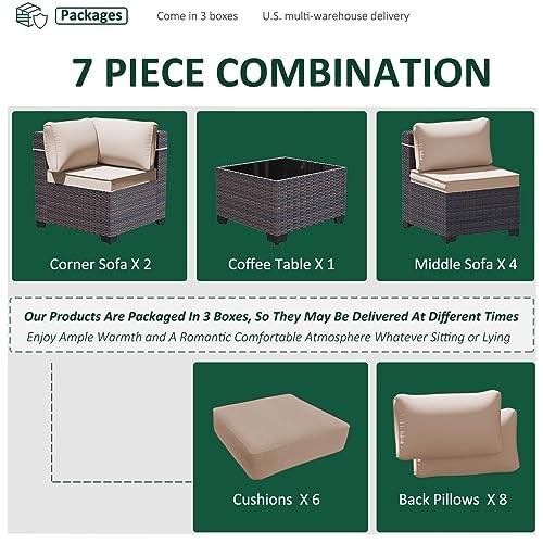 RTDTD Outdoor Patio Furniture Set, 7 Pieces Outdoor Furniture All Weather Patio Sectional Sofa PE Wicker Modular Conversation Sets with Coffee Table,6 Chairs & Seat Clips Brown - CookCave