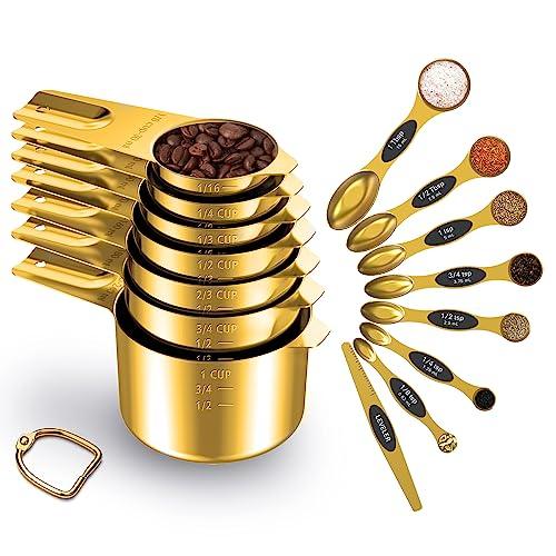 LIFETOWE Gold Measuring Cups and Spoons Set of 15, 18/8 Stainless Steel, Includes 7 Nesting Metal Measuring Cups,8 Magnetic Measuring Spoons set - Ideal Kitchen Gadgets for Cooking and Baking Needs - CookCave