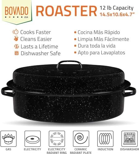 Bovado 15.5" Enamel Oval Turkey Roaster with Lid - 12lb Capacity, Nonstick, Dishwasher Safe - CookCave