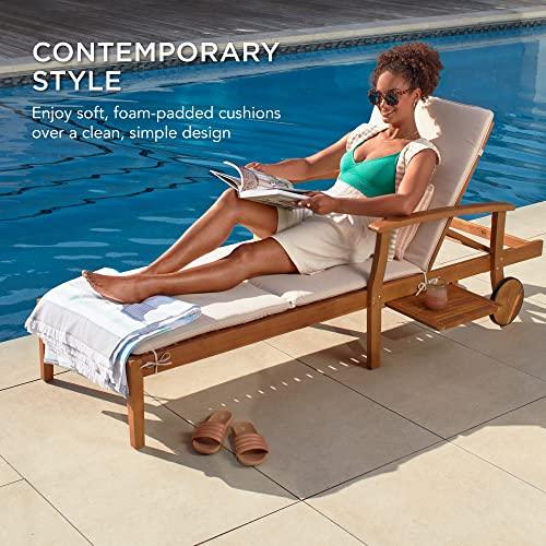 Best Choice Products 79x26in Acacia Wood Chaise Lounge Chair Recliner, Outdoor Furniture for Patio, Poolside w/Slide-Out Side Table, Foam-Padded Cushion, Adjustable Backrest, Wheels - Cream - CookCave