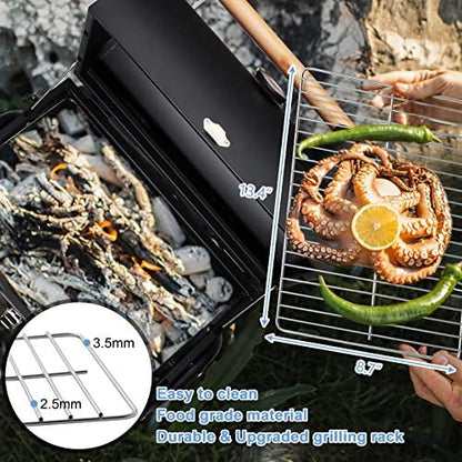 HaSteeL Portable Charcoal Grill, Small Folding Outdoor Grill, Mini Black Barbecue Grill with Thermometer, Compact Tabletop BBQ Grill for Camping Picnic Backyard Patio, 116 Square Inches & Screwdriver - CookCave