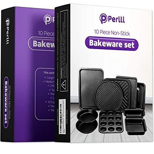 Perlli Baking Pan 10 Piece Set Nonstick Carbon Steel Gray Oven Bakeware Kitchen Set, 2 Cookie Sheets, 2 Round Cake Pans, Square Pan, Roasting Pan, Loaf Pan, Crisp Pan, Pizza Crisper, & Muffin Pan - CookCave