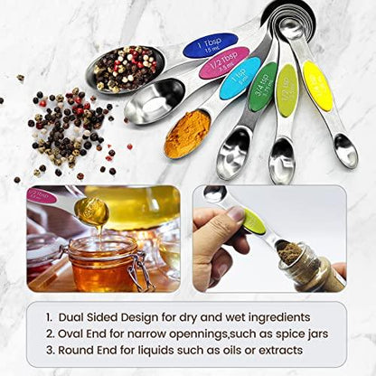 RMERVE Magnetic Measuring Spoons Set Stainless Steel, Multicolor, Set of 8 for Kitchen, Double-Sided Design Fits Spice Jars for Dry and Liquid, Kitchen Gadgets, Cooking Utensils Set,Ingredients - CookCave