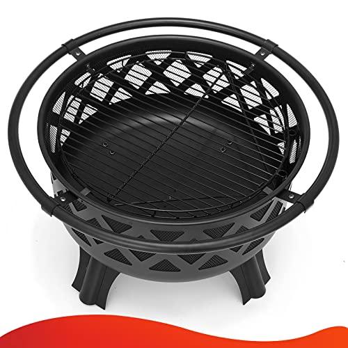 SINGLYFIRE 30 Inch Fire Pits for Outside with Grill Outdoor Wood Burning Firepit Large Steel Firepit Bowl for Patio Backyard Picnic Garden with Swivel BBQ Grill, Ash Plate,Spark Screen, Poker - CookCave