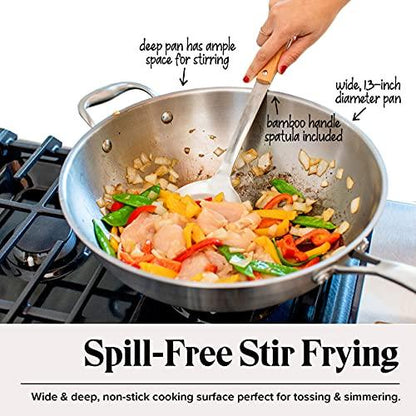 Willow & Everett Wok Pan - Non-Stick Stainless Steel Stir Fry Pans With Domed Lid & Spatula - Scratch Proof Cookware For Gas, Induction Or Electric Stove - CookCave