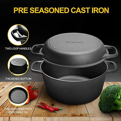 EDGING CASTING 2-in-1 Pre-Seasoned Cast Iron Dutch Oven Pot with Skillet Lid Cooking Pan, Cast Iron Skillet Cookware Pan Set with Dual Handles Indoor Outdoor for Bread, Frying, Baking, Camping, BBQ, 5QT - CookCave