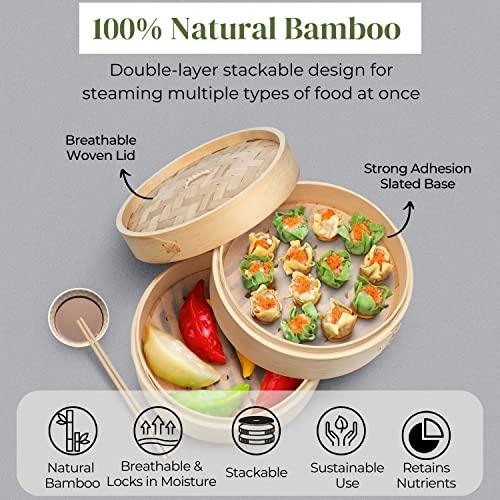 Flexzion Bamboo Steamer Basket Set (10 inch), 50 x Steamer Liners and 2 Pairs of Chopsticks, Steam Baskets for DimSum Dumplings, Rice, Vegetables, Fish and Meat - CookCave