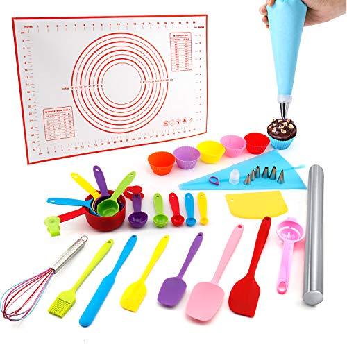 Baking Supplies - Silicone Spatulas Set, Rolling Pin, Pastry Mat, Silicone Baking Cups, Piping Bags and Tips, Measuring Cups and Spoons, Baking Set for Kids Teens Adult Beginner - CookCave