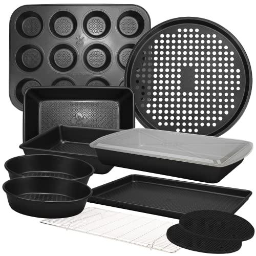 KITCHENATICS 12-PC Baking Pan Set Nonstick, Durable Carbon Steel Baking Sheets for Oven, Nonstick Baking Pans Set with Muffin Pan, Loaf Pan, Pizza Pan, Cookie Sheet Pan - Black Bakeware Sets - CookCave