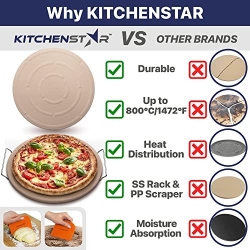 16" Pizza Stone for Oven & Grill with Handles - Natural Cordierite Baking Stone Set with SS Rack & Plastic Scraper (1500 °F Resistant, Round, Large) - CookCave