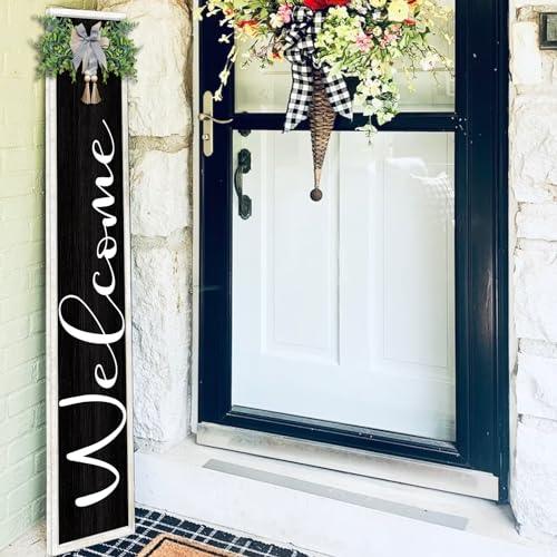 Welcome Sign for Front Porch Standing 45"X9" Large Outdoor Decor Rustic Vertical Leaner Wood Frame Porch Tall Welcome Signs for Farmhouse Outside Front Door Wall Decorations (White Black) - CookCave