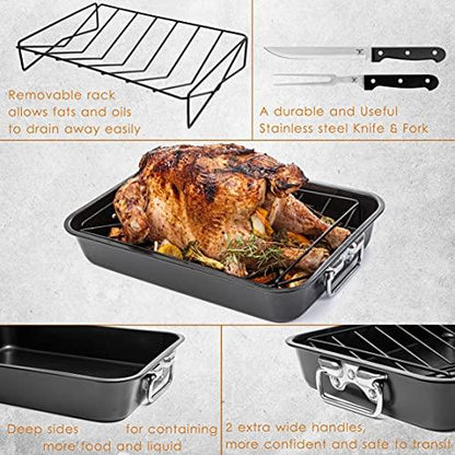 Moss & Stone Carbon Steel Roaster Pan With “V” Shape Removable Roasting Rack Set, 16.5 Inch Rectangular Nonstick Roasting Pan, Turkey Roaster Pan Rack With Carving Fork & Chef Knife - CookCave