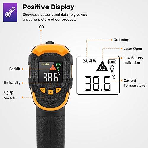 Infrared Thermometer Non-Contact Digital Laser Temperature Gun -58℉～1112℉(-50℃～600℃) Adjustable Emissivity IR Temp Gun - for Cooking/BBQ/Food/Fridge/Pizza Oven/Engine - Meat Thermometer Included - CookCave