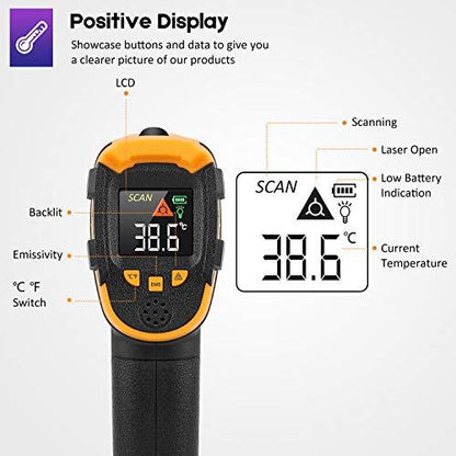 Infrared Thermometer Non-Contact Digital Laser Temperature Gun -58℉～1112℉(-50℃～600℃) Adjustable Emissivity IR Temp Gun - for Cooking/BBQ/Food/Fridge/Pizza Oven/Engine - Meat Thermometer Included - CookCave