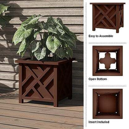 Pure Garden Lattice Design Planter Box - 15.5-Inch-Square Decorative Outdoor Flower or Plant Pot - Front Porch, Patio, and Garden Decor (Brown) - CookCave