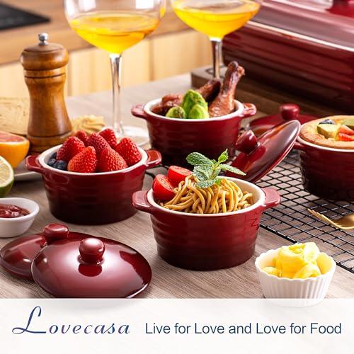 LOVECASA 8 OZ Mini Casserole Dish with Lid, Mini Cocotte with Handles Ceramic Ramekins for Baking,Cute Individual Soup Pot,Ramekins with lids oven safe for Baking, Souffle Dish,Creme Brulee,Set of 4 - CookCave