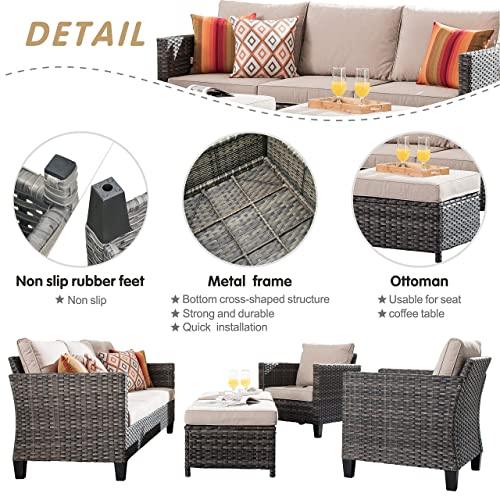 ovios Outdoor Furniture 5 Pieces Patio Furniture Set Sectional Conversation Set All Weather Wicker Rattan Sofa Couch for Yard Deck Porch, Grey Wicker, Beige Cushion - CookCave