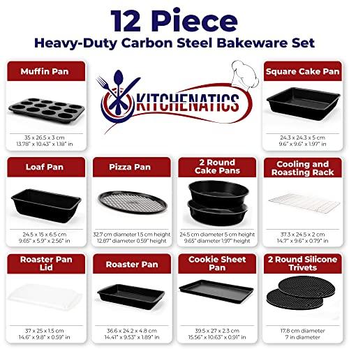 KITCHENATICS 12-PC Baking Pan Set Nonstick, Durable Carbon Steel Baking Sheets for Oven, Nonstick Baking Pans Set with Muffin Pan, Loaf Pan, Pizza Pan, Cookie Sheet Pan - Black Bakeware Sets - CookCave