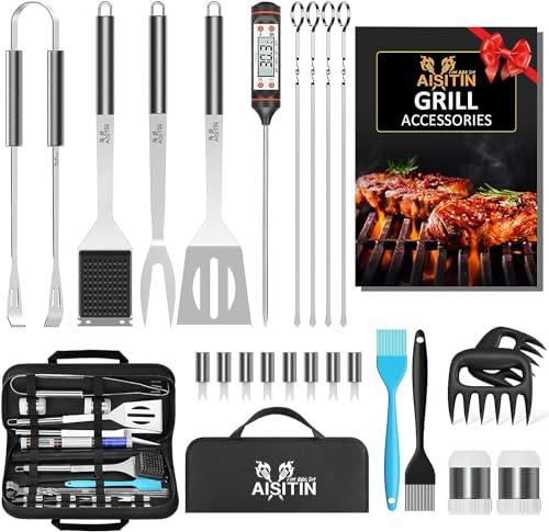 AISITIN Grill Accessories 25PCS BBQ Tools Set Stainless Steel Grilling Kit with Thermometer, Fork, Tongs and Spatula, Grill Mat - Gifts for Dad Durable, Stainless Steel Grill Tools - CookCave