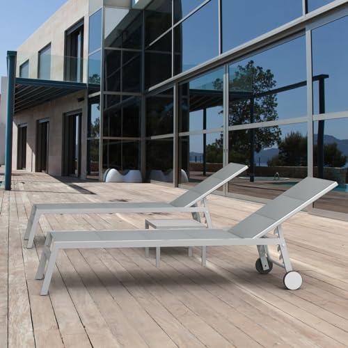 Domi Patio Chaise Lounge Set of 3, Adjustable Full Aluminum Pool Lounge for Outside with Wheels and Side Table, Padded Sunbathing Lounger for Deck Lawn Patio Backyard,Textilene - Gray - CookCave