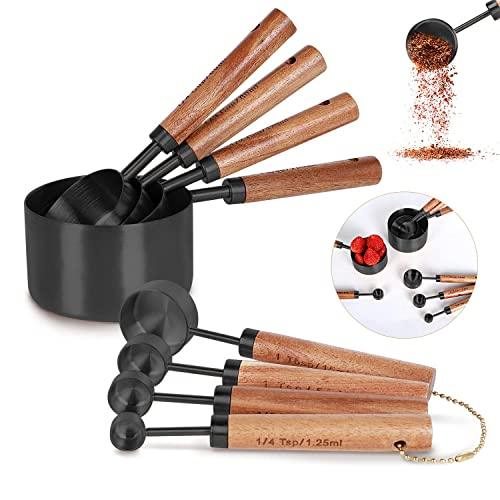 PrettyFine Collection 8 Piece Black Measuring Cups Set and Measuring Spoons, Golden With fragrant wood Handles-Complete Set of Measure Cups and Spoons For Cooking and Baking. - CookCave