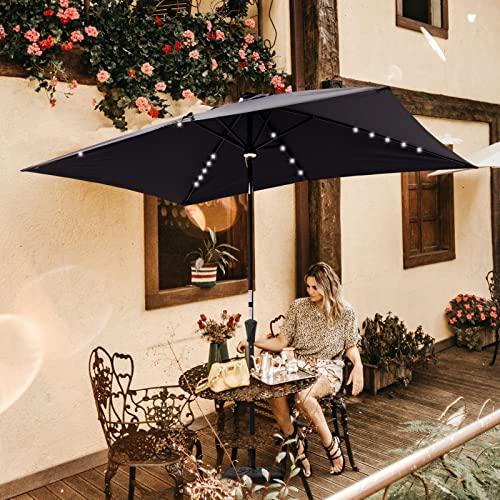 FLAME&SHADE 6.5 x 10 ft Rectangular Solar Powered Outdoor Market Patio Table Umbrella with LED Lights and Tilt, Anthracite - CookCave