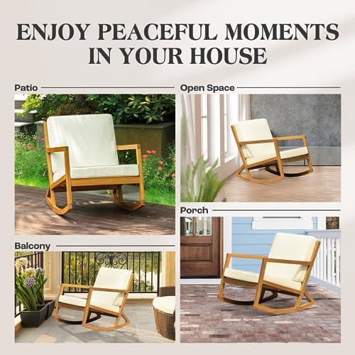 Idzo Premium Club Rocking Chair 500lbs Capacity with Inclined Backrest, Thick Foam, Solid Acacia Wood Rocker for Patio, Backyard, Balcony, Porch, 2 Cushions_Beige - CookCave