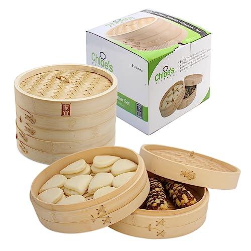 Zoie + Chloe Bamboo Steamer Basket - 2-Tier Dumpling Steamer for Cooking with 2 Reusable Cotton Liners for Bao, Dim Sum, Veggies, Asian Steamed Buns -Stackable, Space-Efficient - 8-Inch Steam Basket - CookCave