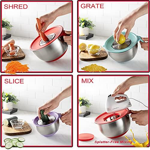 Stainless Steel Mixing Bowls with Lids - Long Handles, Pour Spout, Non Slip Colorful Silicone Bottom, 3 Graters, & Measurement Marks, Ideal for Cooking, Baking & Serving, Food & Salad Prep. (Set of 3) - CookCave