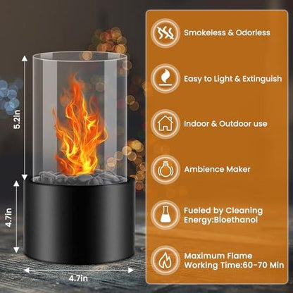 OUBRTS Small Tabletop Fire Pit Bowl with Black Stone & Wind Proof Glass, Portable Alcohol Tabletop Fireplace for Indoor & Outdoor, Fire Killer, 2 Combustion Chambers - CookCave