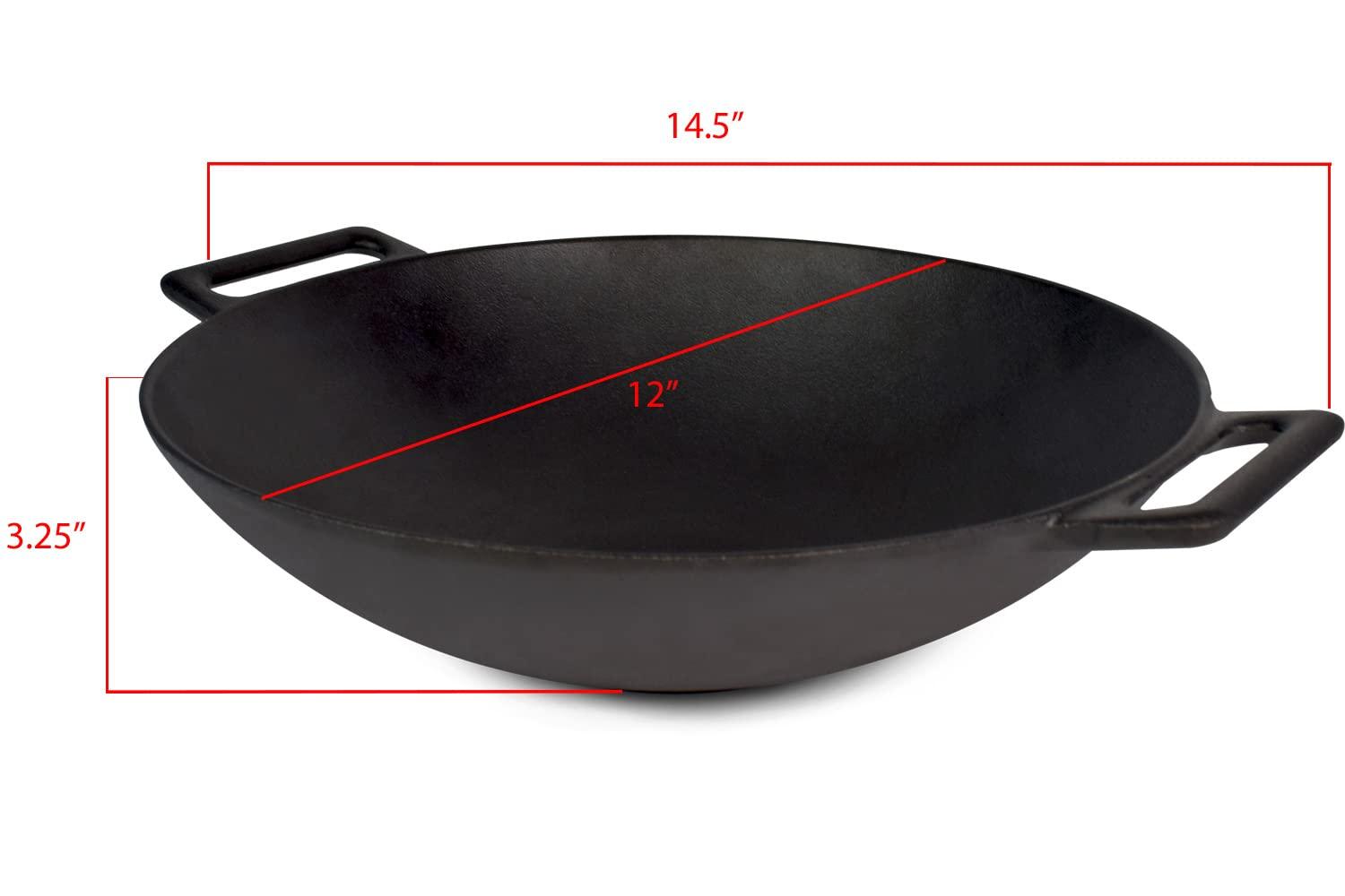 Jim Beam 12'' Pre Seasoned Heavy Duty Construction Cast Iron Grilling Wok, Griddle and Stir Fry Pan - CookCave