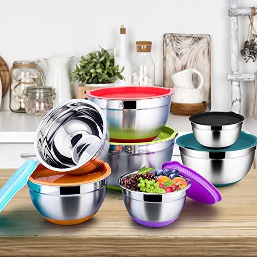 TeamFar Mixing Bowls, Mixing Bowls with Lids Set, Stainless Steel Large Metal Nesting Salad Bowl with Airtight Lid & Non-Slip Bottom, 7/3.5/3 / 2.5/1.5/1 / 0.7 QT, (Set of 7, Colorful) - CookCave