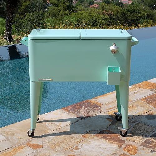 Permasteel 80-Qt Classic Outdoor Patio Cooler for Outside |Rolling Beverage Cooler Bar Cart with Wheels & Handles, Retro Design, Mint - CookCave