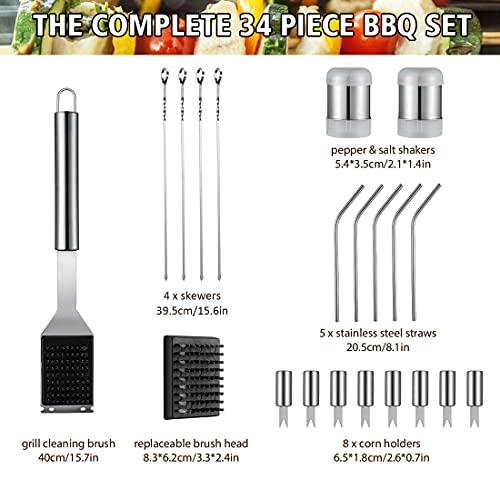 HUSSAR 34PCS BBQ Grill Tools Set Stainless Steel Grilling Accessories with Spatula, Tongs, Skewers for Barbecue, Camping, Kitchen, Complete Premium Grill Utensils Set in Storage Bag, Silver, (BTS-34) - CookCave