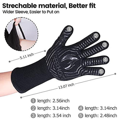 GEEKHOM BBQ Gloves,1472℉ Heat Resistant Grill Gloves, EN407 Certified 13 Inch Grilling Gloves for Smoker, Baking, Cooking, Fire Pit (Black-Flames Texture) - CookCave