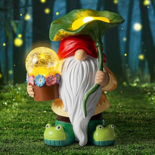 Grovind Garden Gnomes Decor Clearance, Solar Gnomes Statues Hold Magic Orb with LED Lights, Outdoor Gnome Statue with Frog Shoes Gnome Figurine for Patio Lawn Decorations Outside Gifts - CookCave