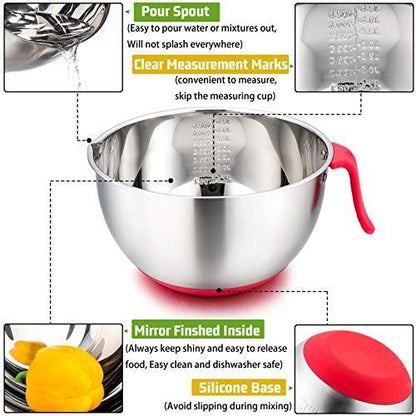 P&P CHEF Mixing Bowls with Lids, Stainless Steel Mixing Bowl Set for Kitchen Mix Cook Bake Prep, With Long Handle, Pour Spout, Non-slip Base, Grater Attachments, Functional Lids -1.5/3/5 QT (Red) - CookCave
