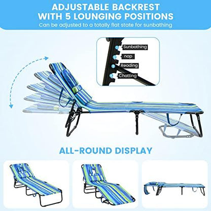 GYMAX Tanning Chair, 350lbs Beach Lounge Chair with Face Hole, Detachable Washable Pillow & Carry Strap, Adjustable Folding Chaise Lounge, Layout Chair for Outside, Patio, Poolside, Lawn (1, Stripe) - CookCave